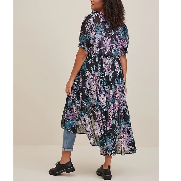 TORRID NWT RUFFLE KIMONO - CHIFFON CLIP DOT FLORAL BLACK - Picture 3 of 6